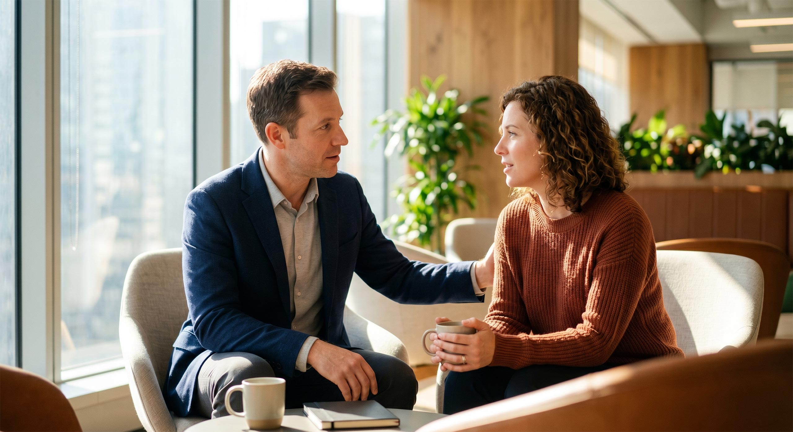 Personne en difficulté accompagnée par un proche dans un bureau